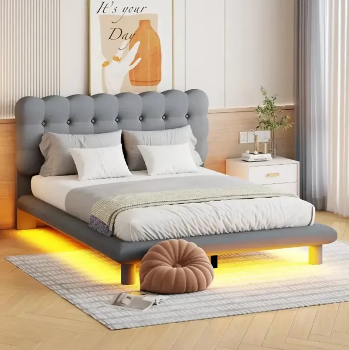 Gray Velvet Platform Bed with LED Frame