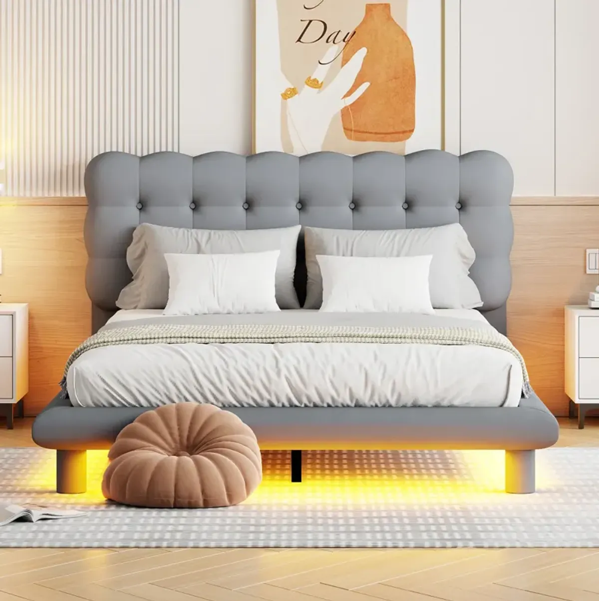 Gray Velvet Platform Bed with LED Frame