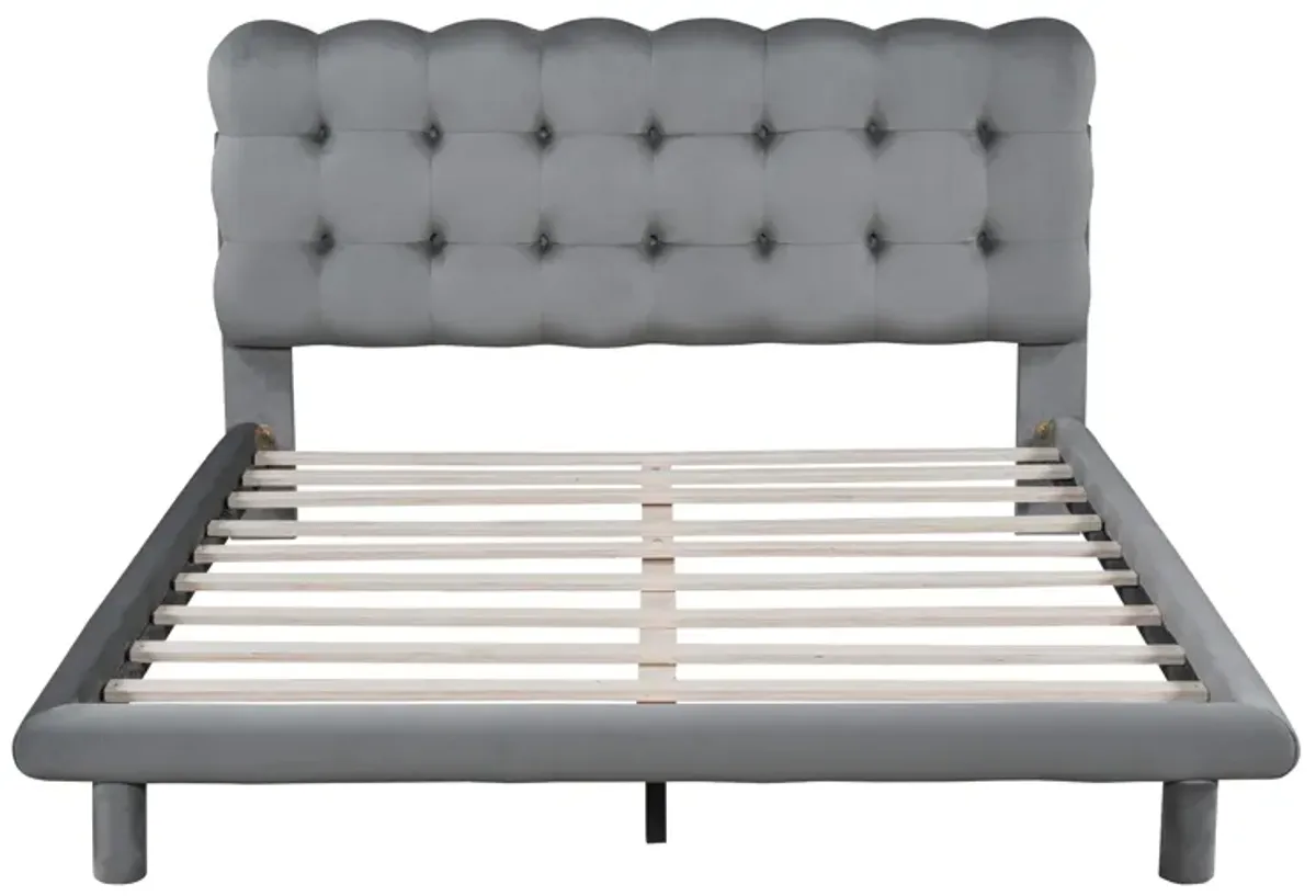 Gray Velvet Platform Bed with LED Frame