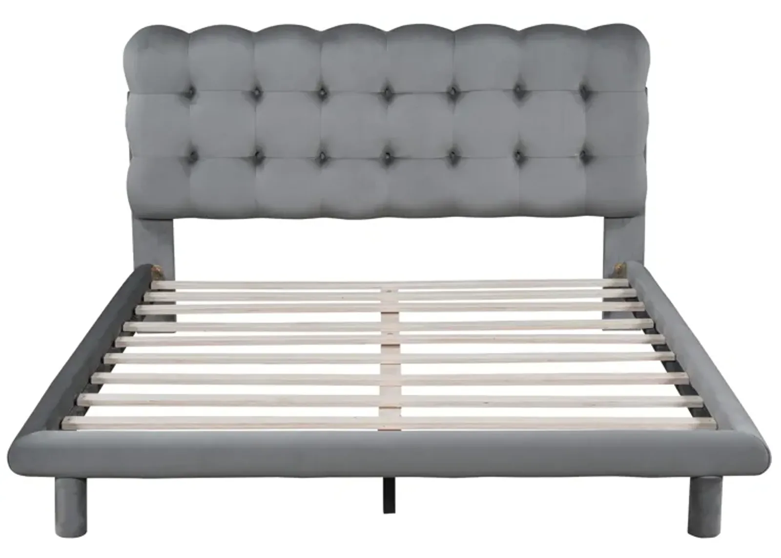 Gray Velvet Platform Bed with LED Frame