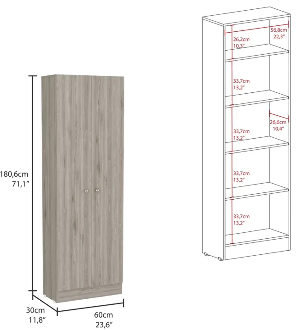Multistorage Pantry Cabinet, Five Shelves, Double Door Cabinet - Light
