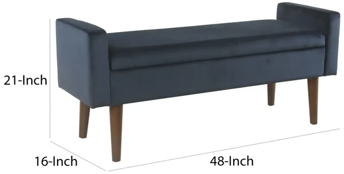 Velvet Upholstered Wooden Bench with Lift Top Storage and Tapered Feet, Navy Blue - Benzara