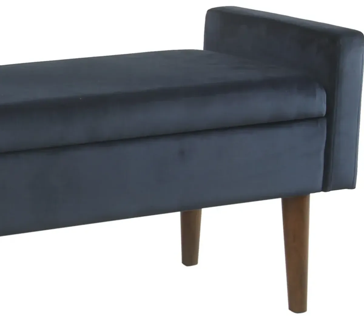 Velvet Upholstered Wooden Bench with Lift Top Storage and Tapered Feet, Navy Blue - Benzara