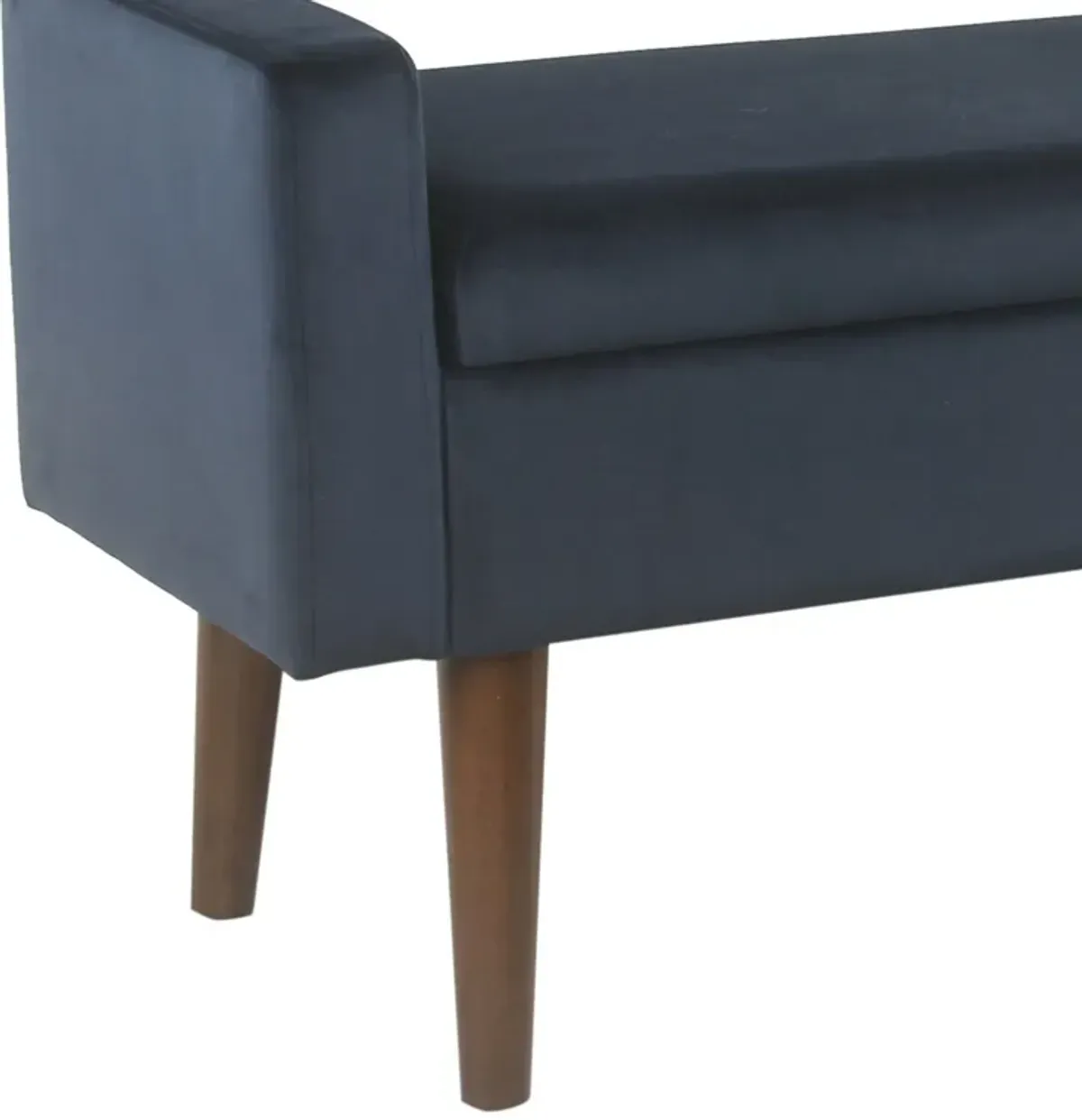 Velvet Upholstered Wooden Bench with Lift Top Storage and Tapered Feet, Navy Blue - Benzara