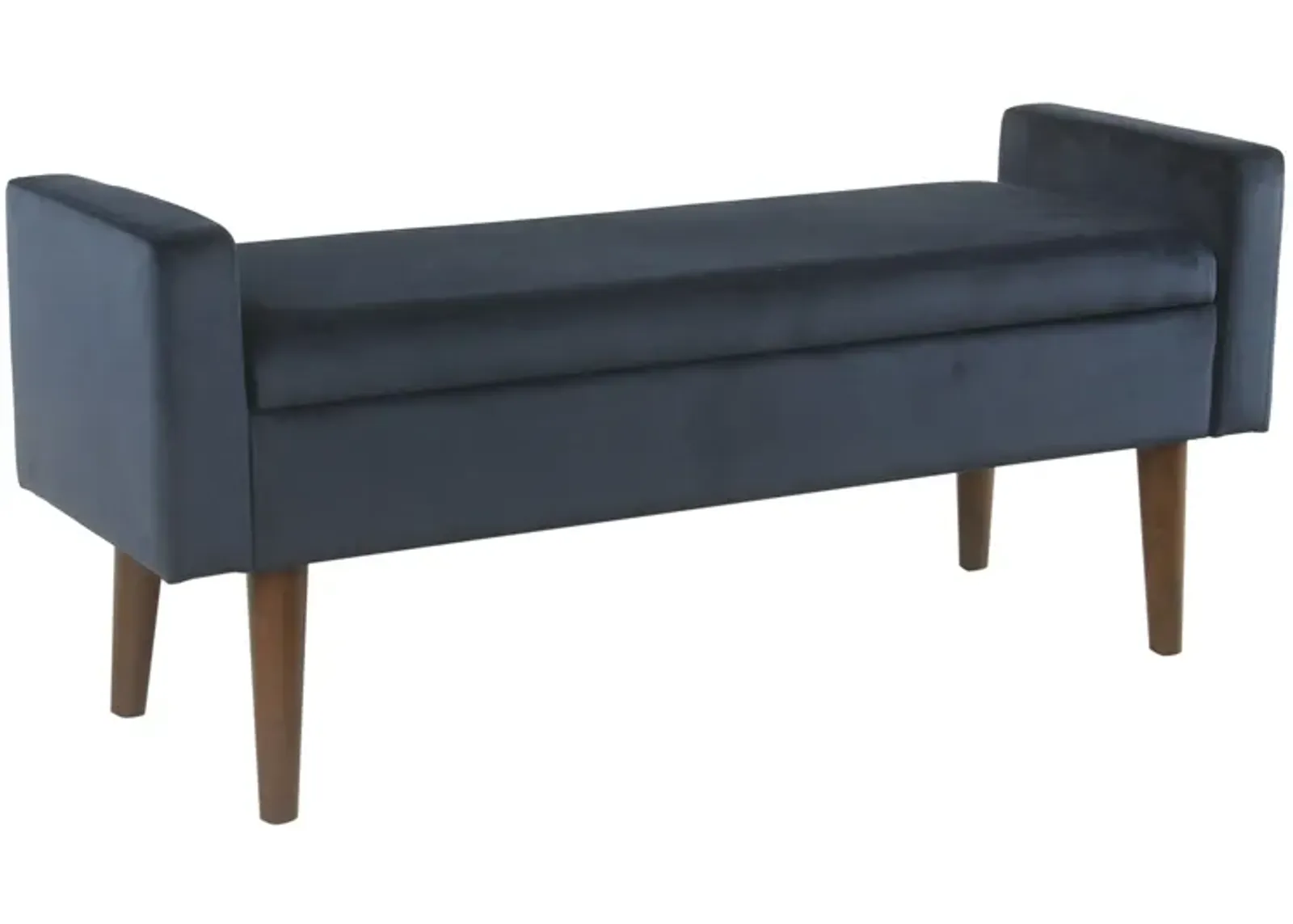 Velvet Upholstered Wooden Bench with Lift Top Storage and Tapered Feet, Navy Blue - Benzara