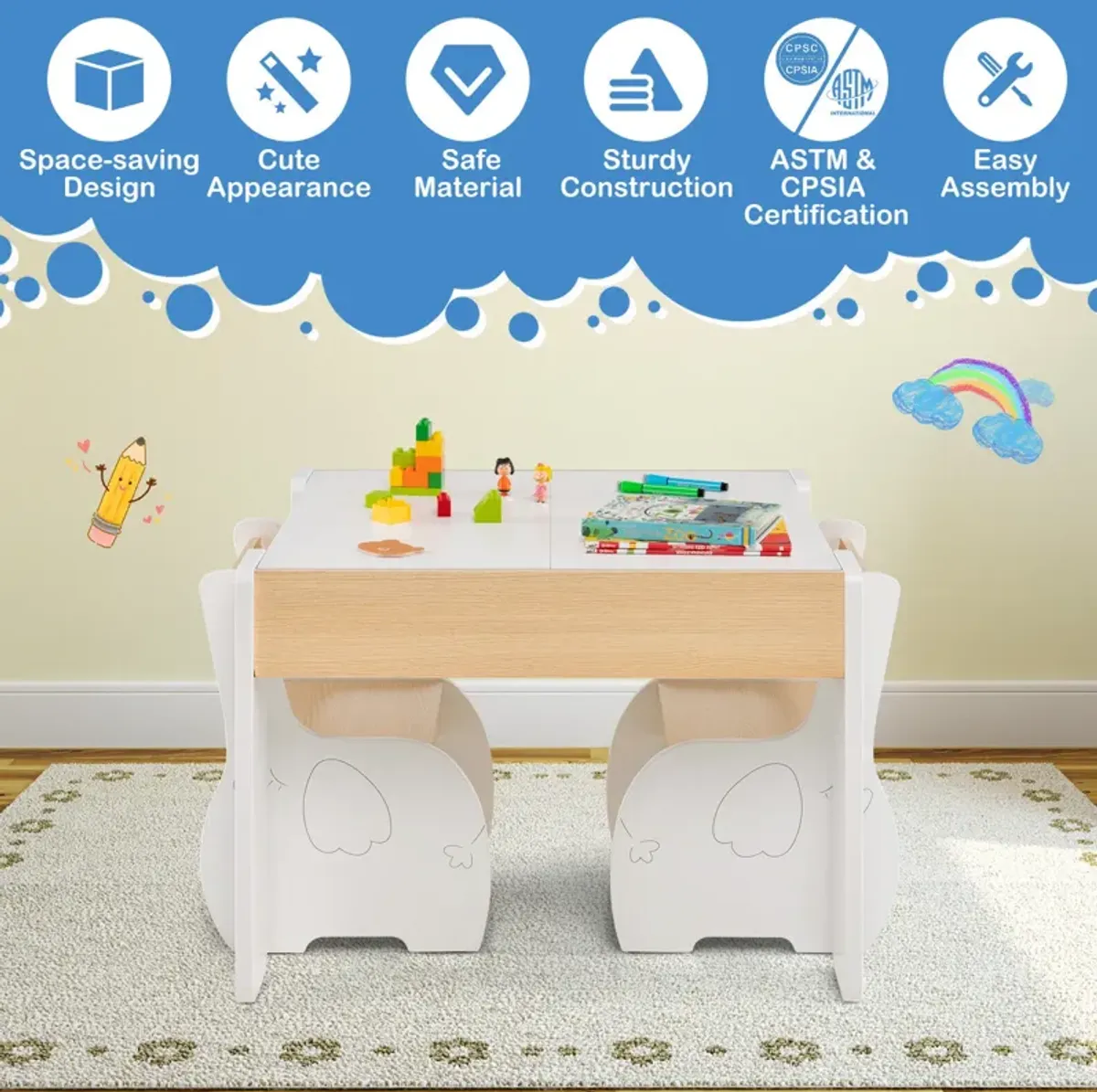 4-in-1 Wooden Activity Kids Table and Chairs with Storage and Detachable Blackboard