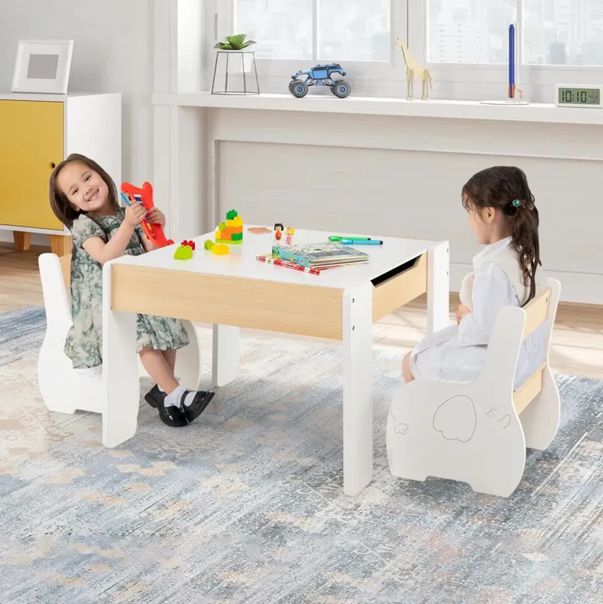 4-in-1 Wooden Activity Kids Table and Chairs with Storage and Detachable Blackboard