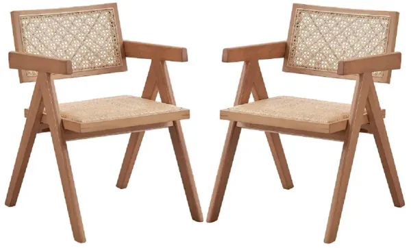 Tina 22 Inch Dining Armchair Set of 2, Woven Rattan, Natural Brown Wood - Benzara