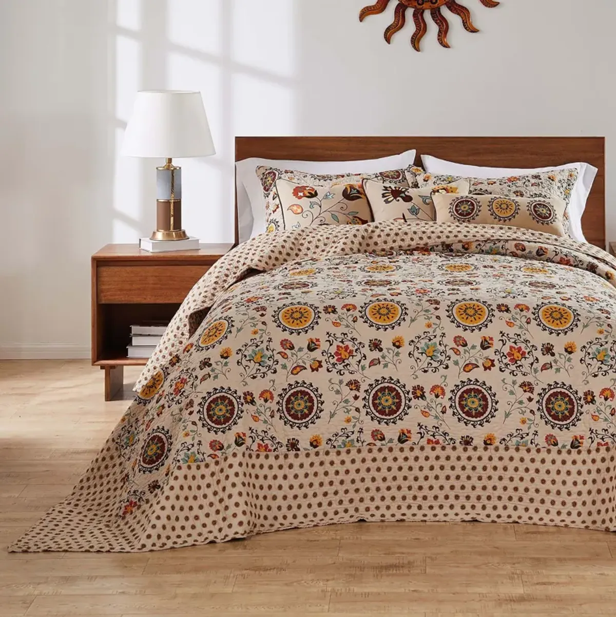 Greenland Home Fashions Andorra Cotton Kantha Quilted Bedspread Set - Jumbo Sized Reversible Quilt Set 3-Piece King/California King Taupe