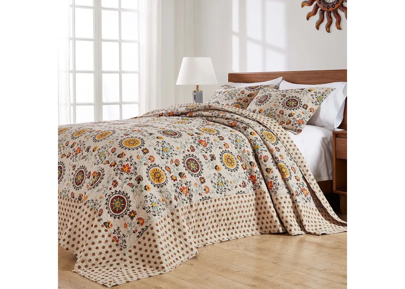 Greenland Home Fashions Andorra Cotton Kantha Quilted Bedspread Set - Jumbo Sized Reversible Quilt Set 3-Piece King/California King Taupe