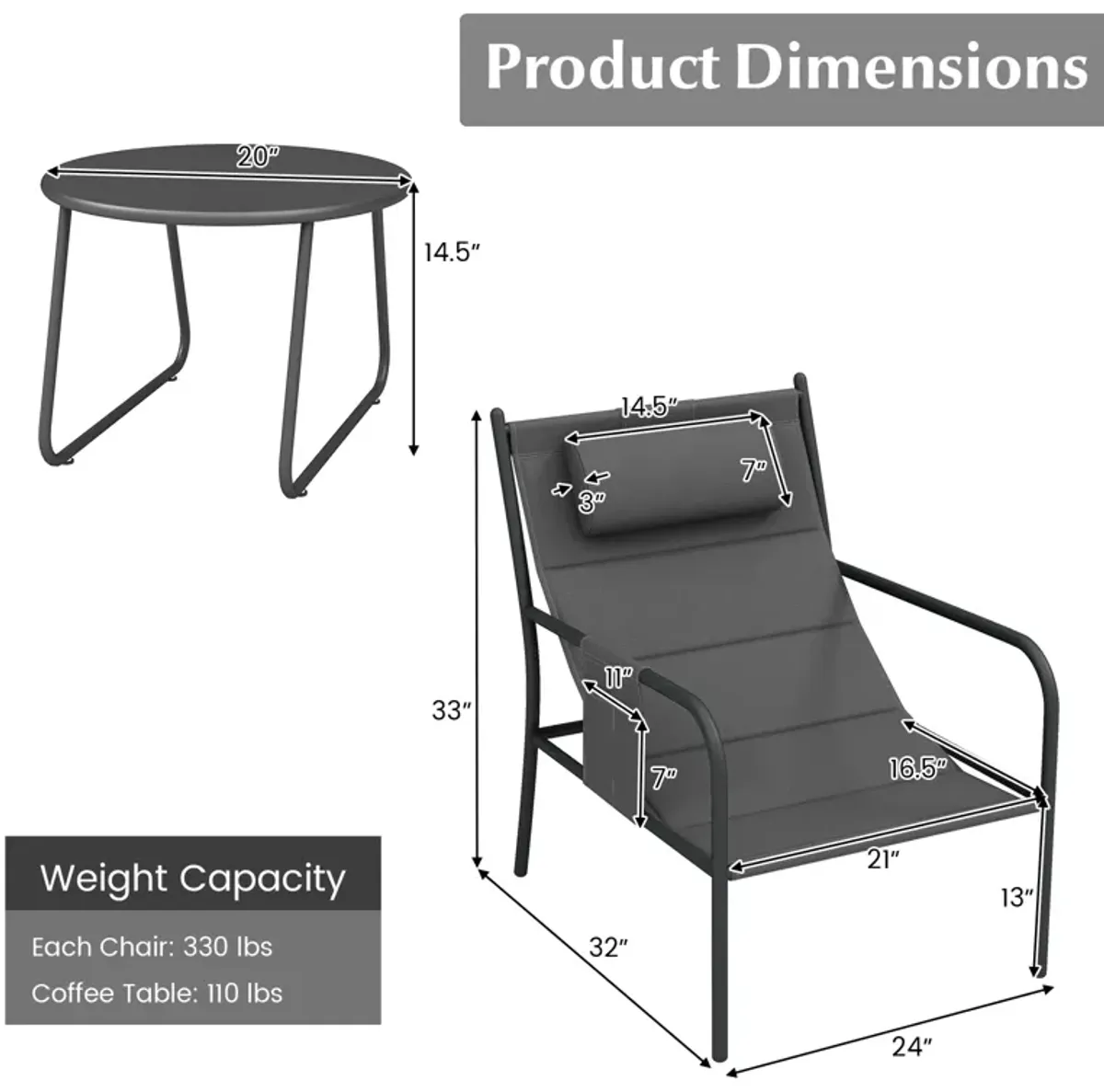 3-Piece Outdoor Bistro Set – Patio Metal Chairs and Coffee Table Set for Outdoor Dining