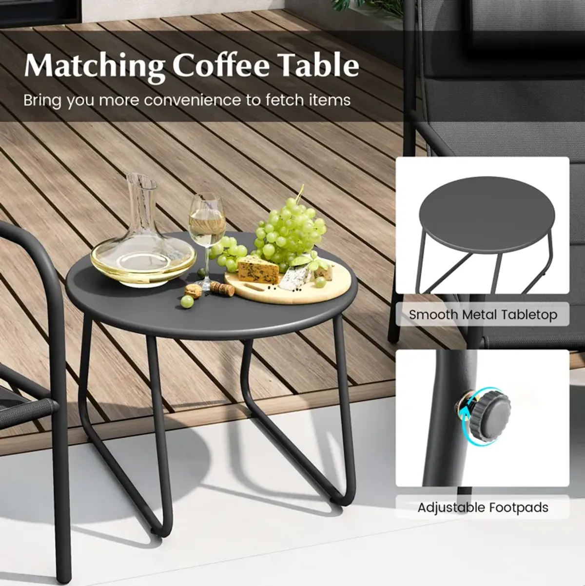 3-Piece Outdoor Bistro Set – Patio Metal Chairs and Coffee Table Set for Outdoor Dining