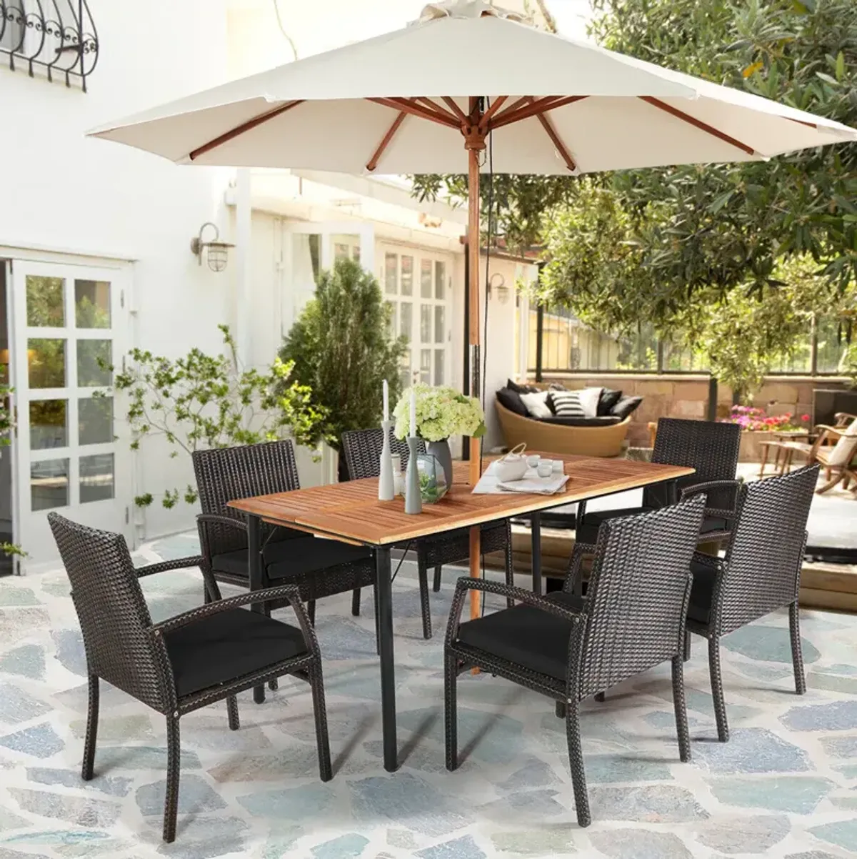 7Pcs Patio Rattan Cushioned Dining Set with Umbrella Hole