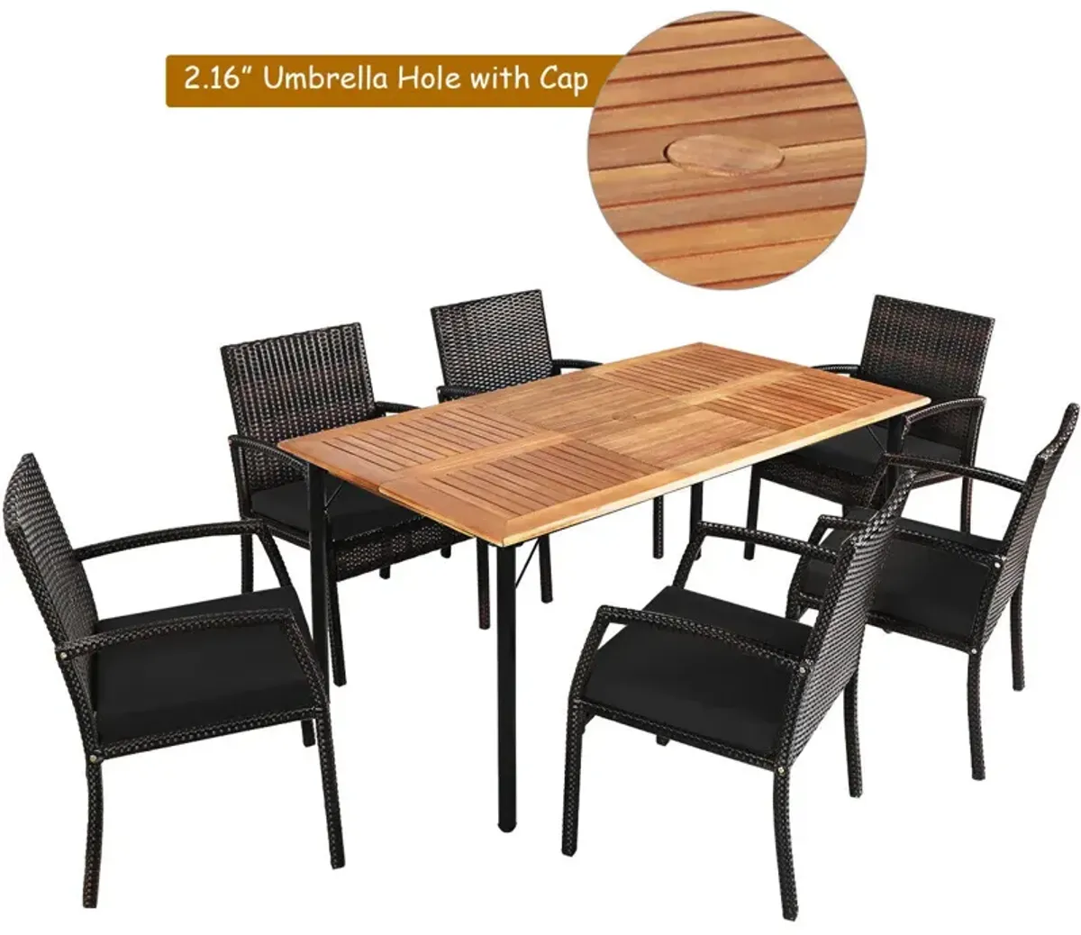 7Pcs Patio Rattan Cushioned Dining Set with Umbrella Hole