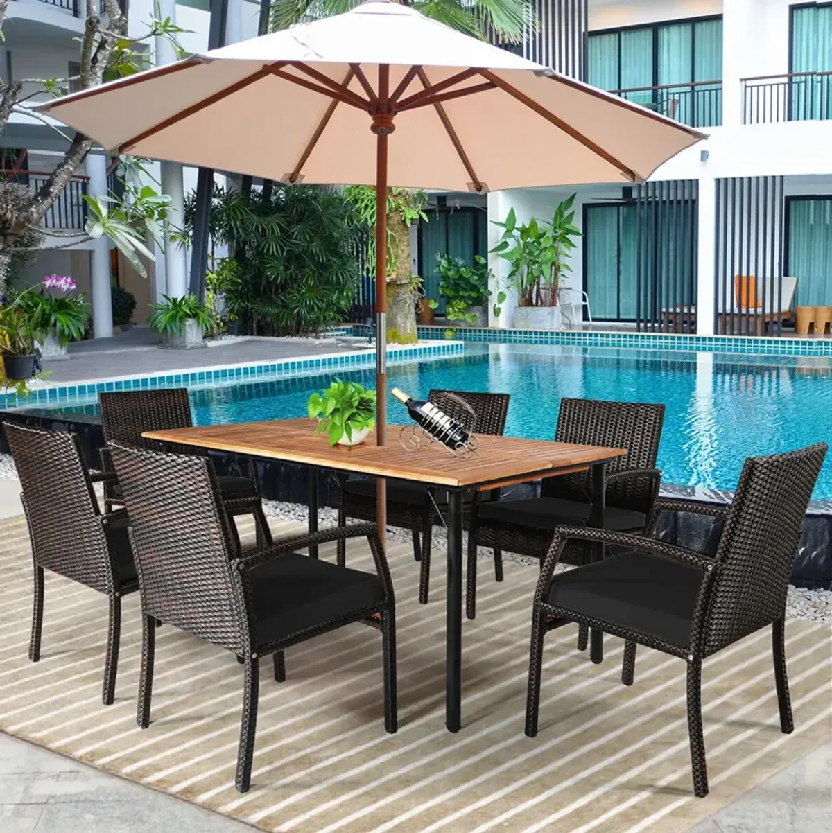 7Pcs Patio Rattan Cushioned Dining Set with Umbrella Hole