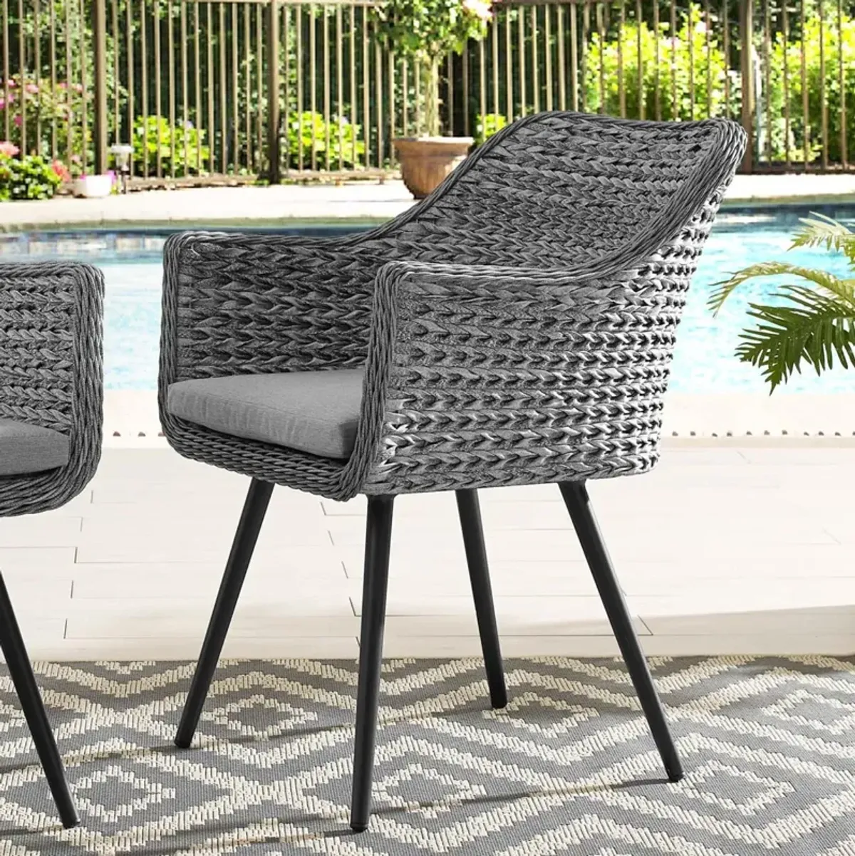 Modway Endeavor Wicker Rattan Aluminum Outdoor Patio Dining Arm Chair with Cushions in Gray Gray