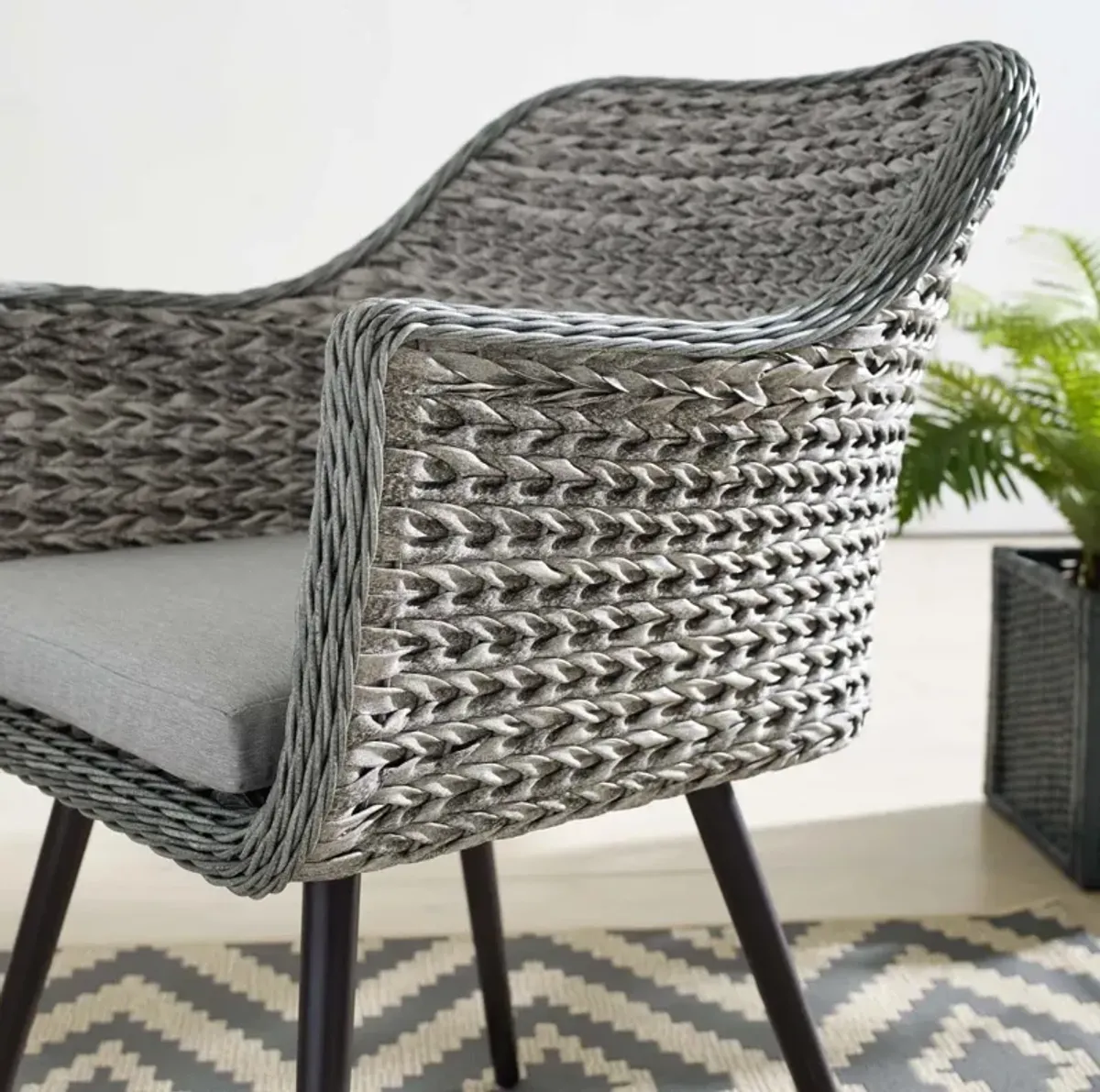 Modway Endeavor Wicker Rattan Aluminum Outdoor Patio Dining Arm Chair with Cushions in Gray Gray