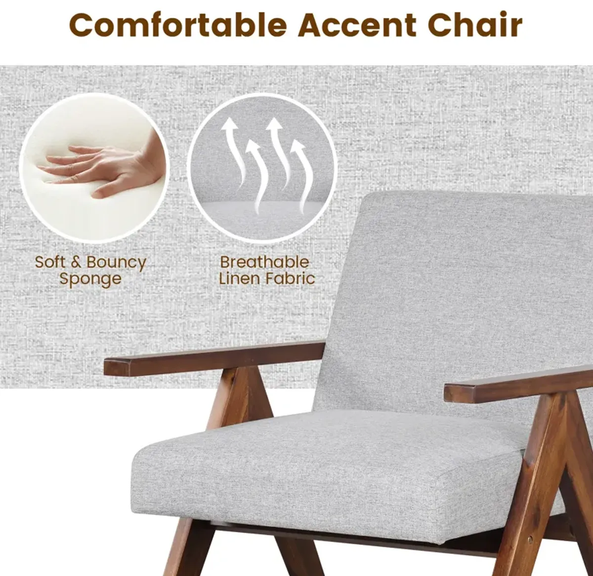 Modern Accent Chair Linen Fabric Armchair with Solid Acacia Wood Frame