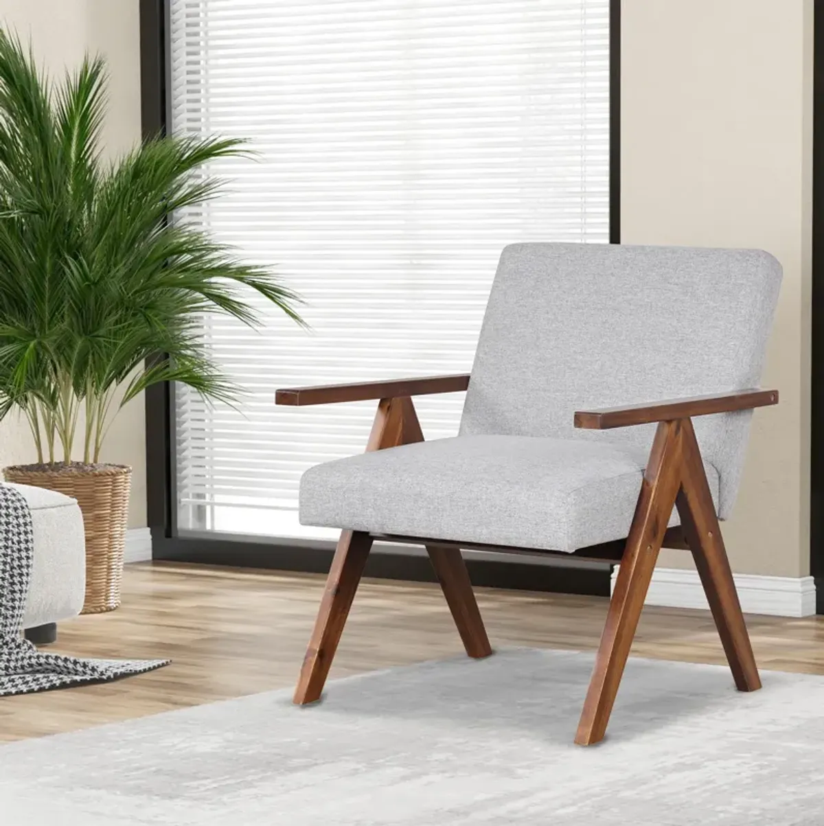 Modern Accent Chair Linen Fabric Armchair with Solid Acacia Wood Frame