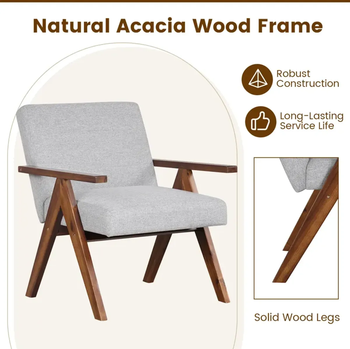 Modern Accent Chair Linen Fabric Armchair with Solid Acacia Wood Frame