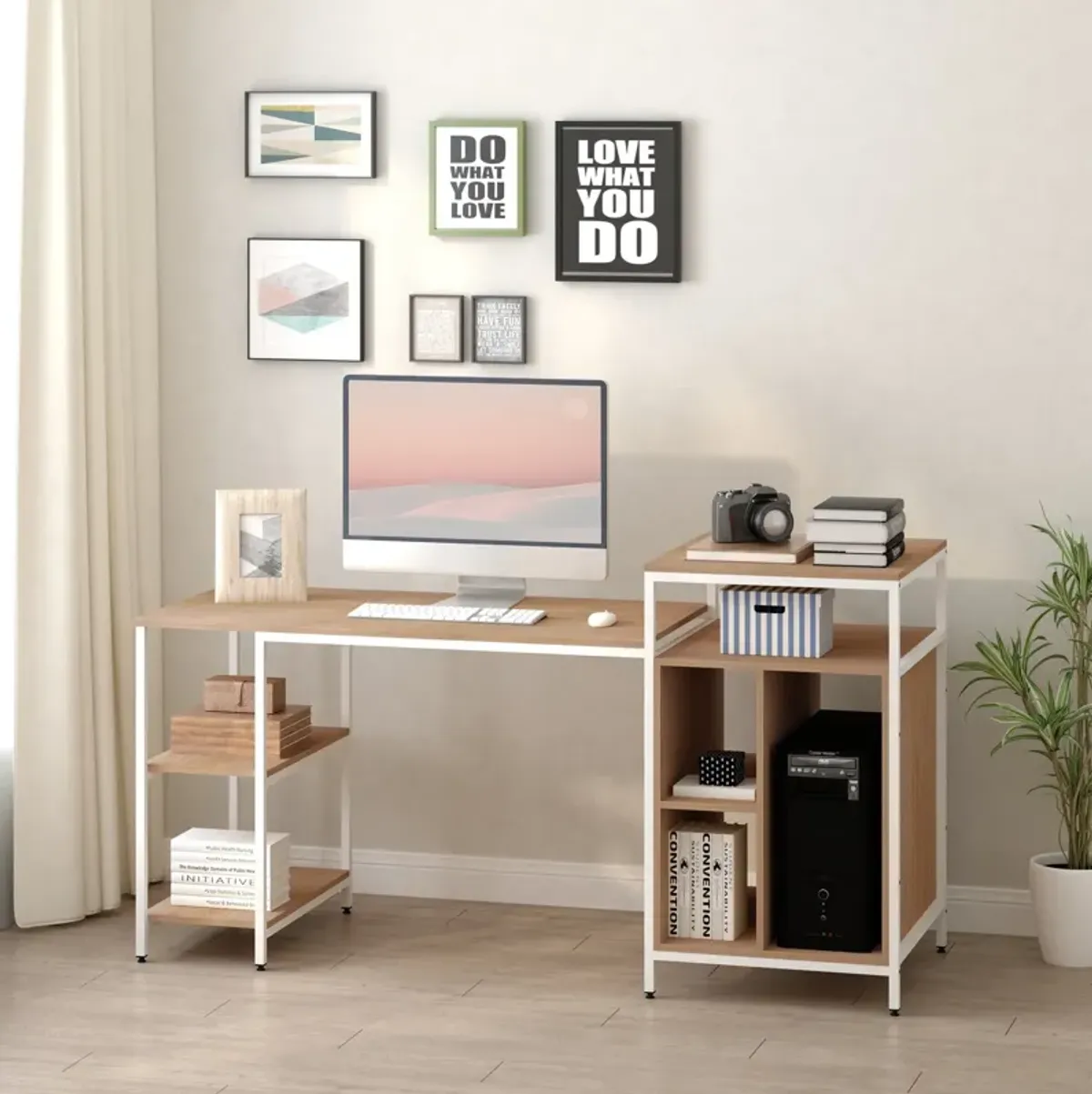 Oak Office Center: 68" Computer Desk with Bookshelf and CPU Stand