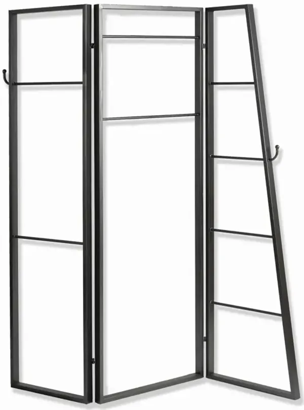 Modern Style 3 Panel Metal Screen with Hooks and Rod Hangings, Black-Benzara