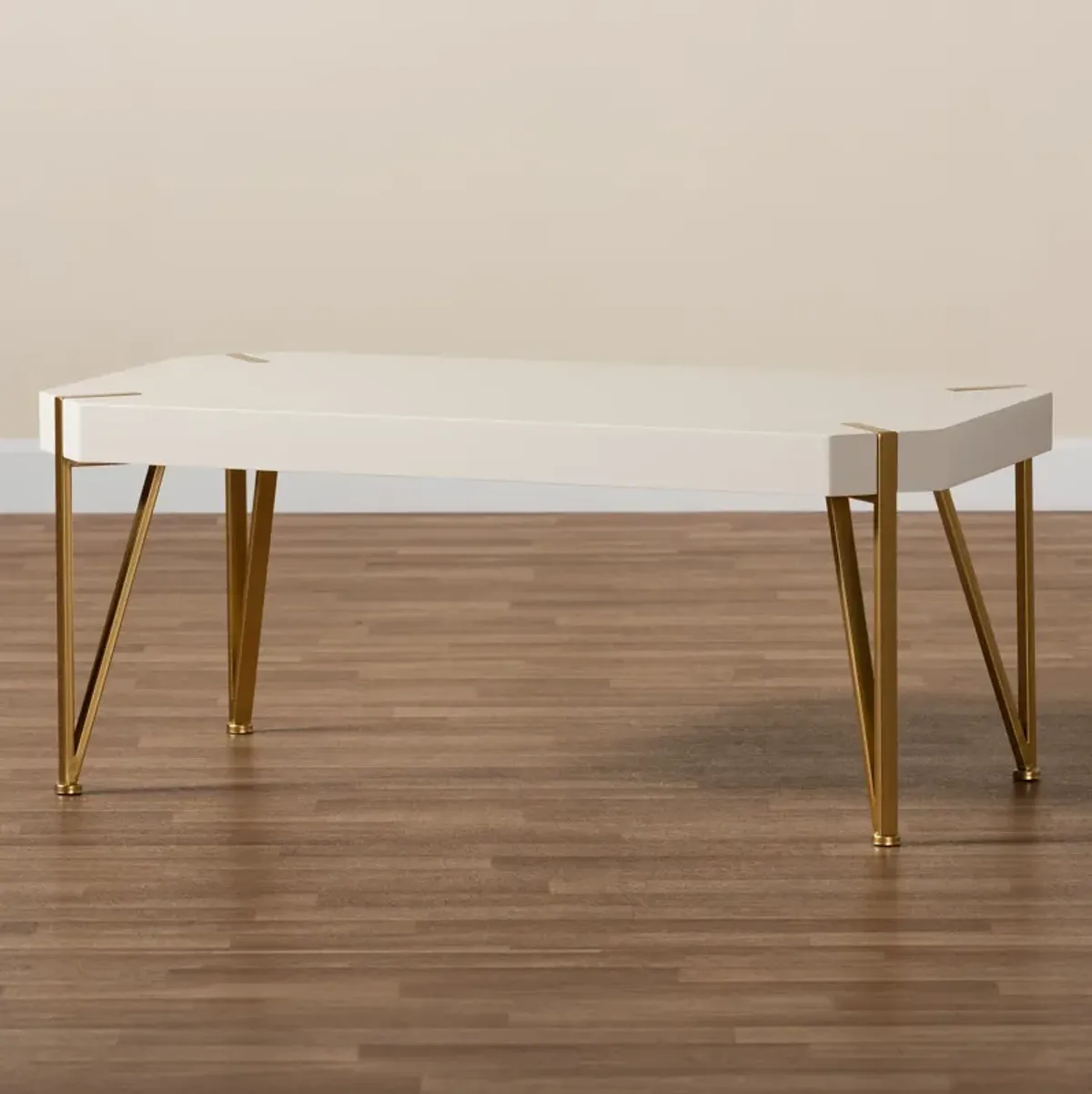 Baxton Studio Kassa Brushed Gold Metal And White Finished Wood Coffee Table