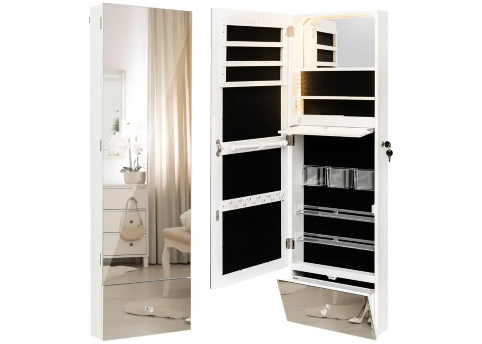 Hivvago Wall Mounted Jewelry Armoire Organizer with Full-Length Frameless Mirror-White