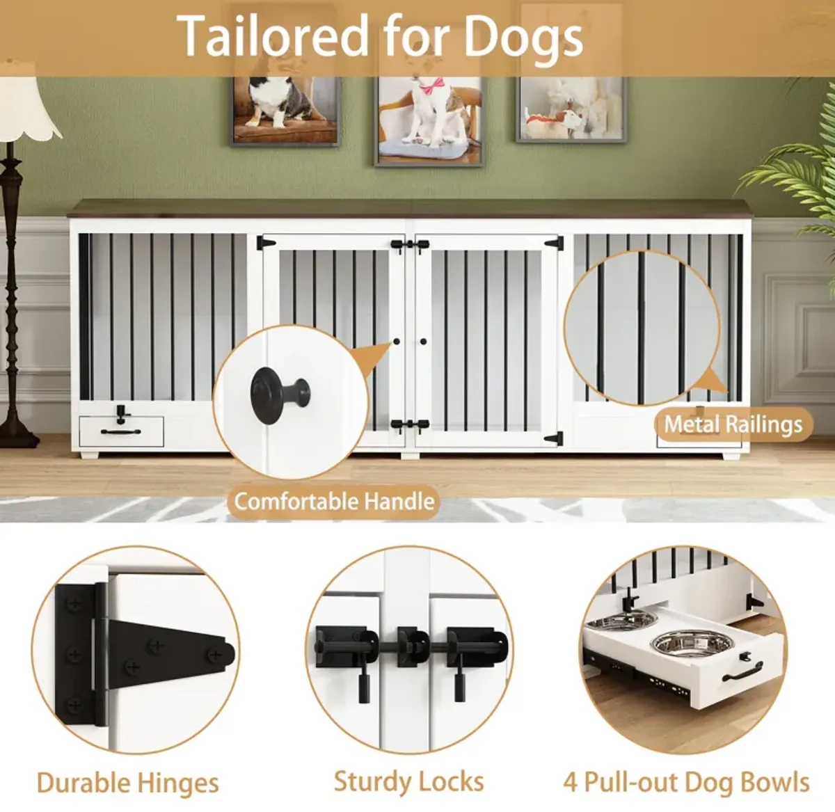 Upgrade Large Dog Crate with Dog Feeding Area, Large Furniture Style Dog Crate with Removable Irons for 2 Medium Dogs