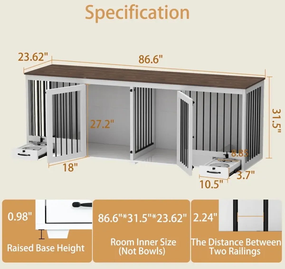 Upgrade Large Dog Crate with Dog Feeding Area, Large Furniture Style Dog Crate with Removable Irons for 2 Medium Dogs