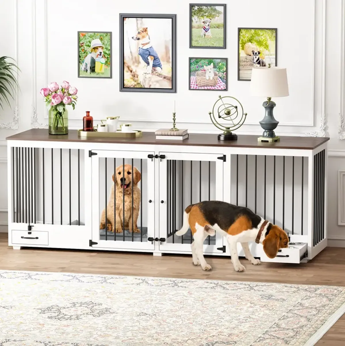 Upgrade Large Dog Crate with Dog Feeding Area, Large Furniture Style Dog Crate with Removable Irons for 2 Medium Dogs