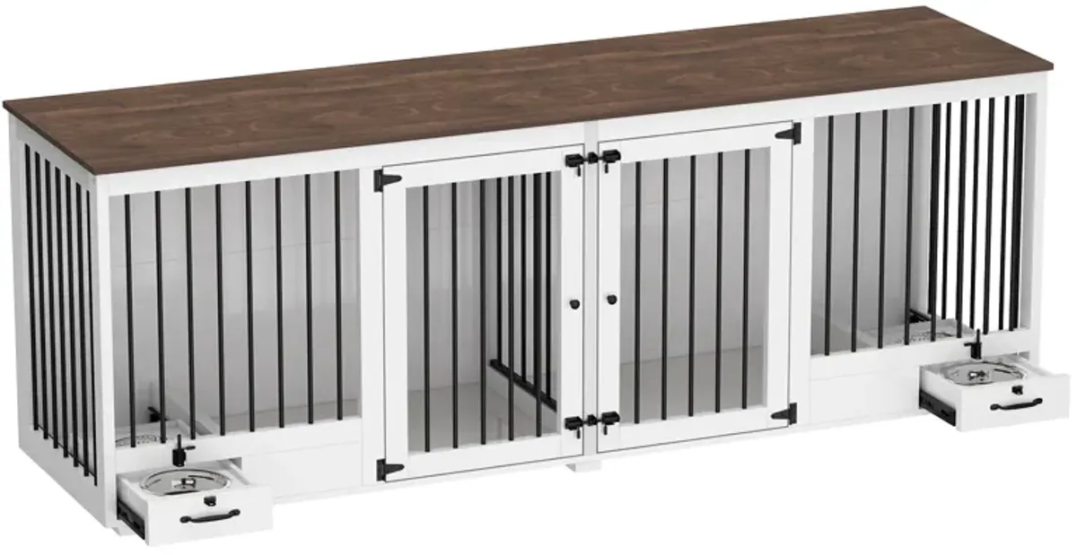 Upgrade Large Dog Crate with Dog Feeding Area, Large Furniture Style Dog Crate with Removable Irons for 2 Medium Dogs