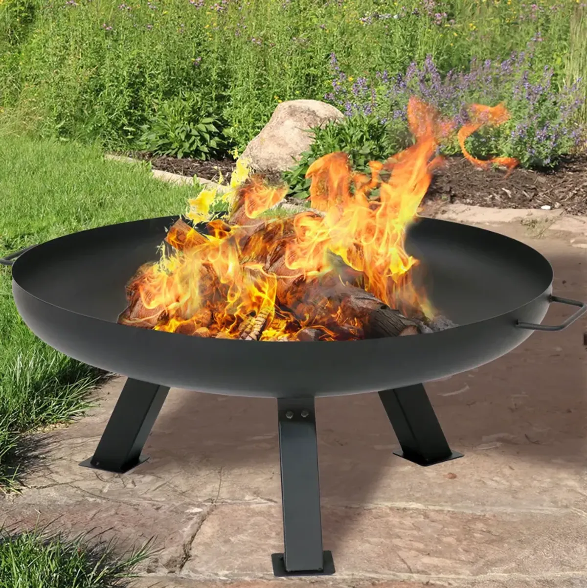 Sunnydaze 29.25 in Rustic Steel Tripod Fire Pit with Cover - Black