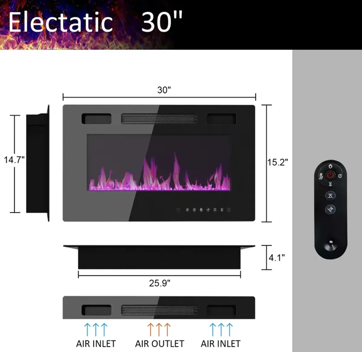 FUFU&GAGA Wall-Mount Electric Fireplace with Infrared Quartz, Remote Control Included, (30" W x 15.2" H x 4.1" D), Black