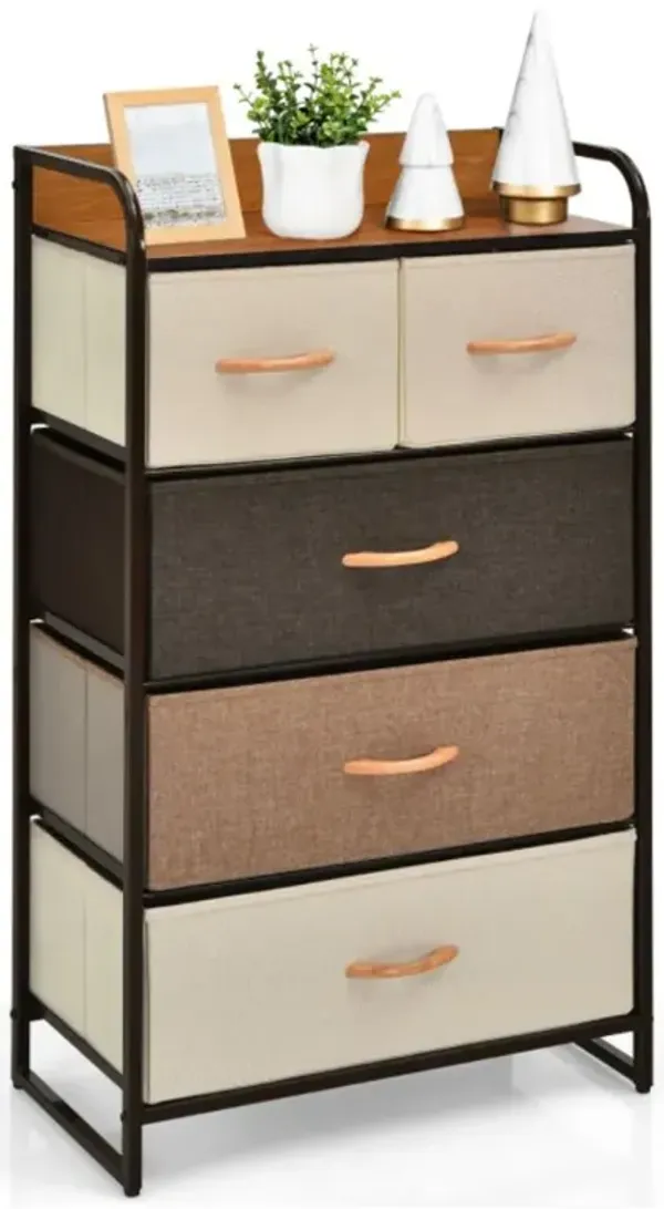 4-Tier Organizer Tower Steel Frame Wooden Top Storage with 5-Drawer Dresser