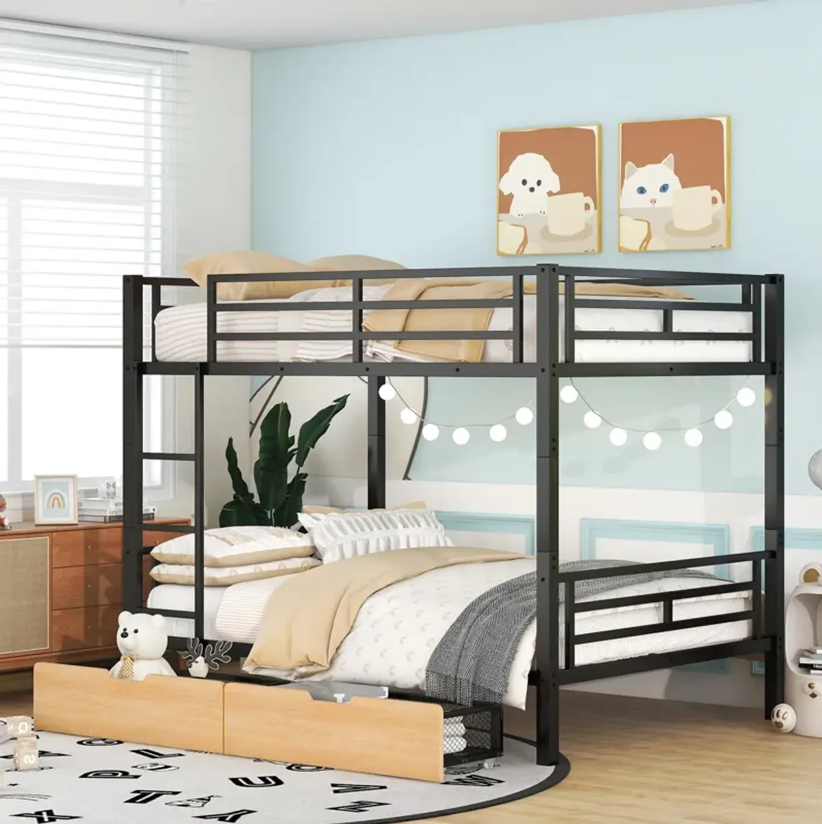 Whisen Metal Full Size Convertible Bunk Bed with 2 Drawers and Ladder - Black