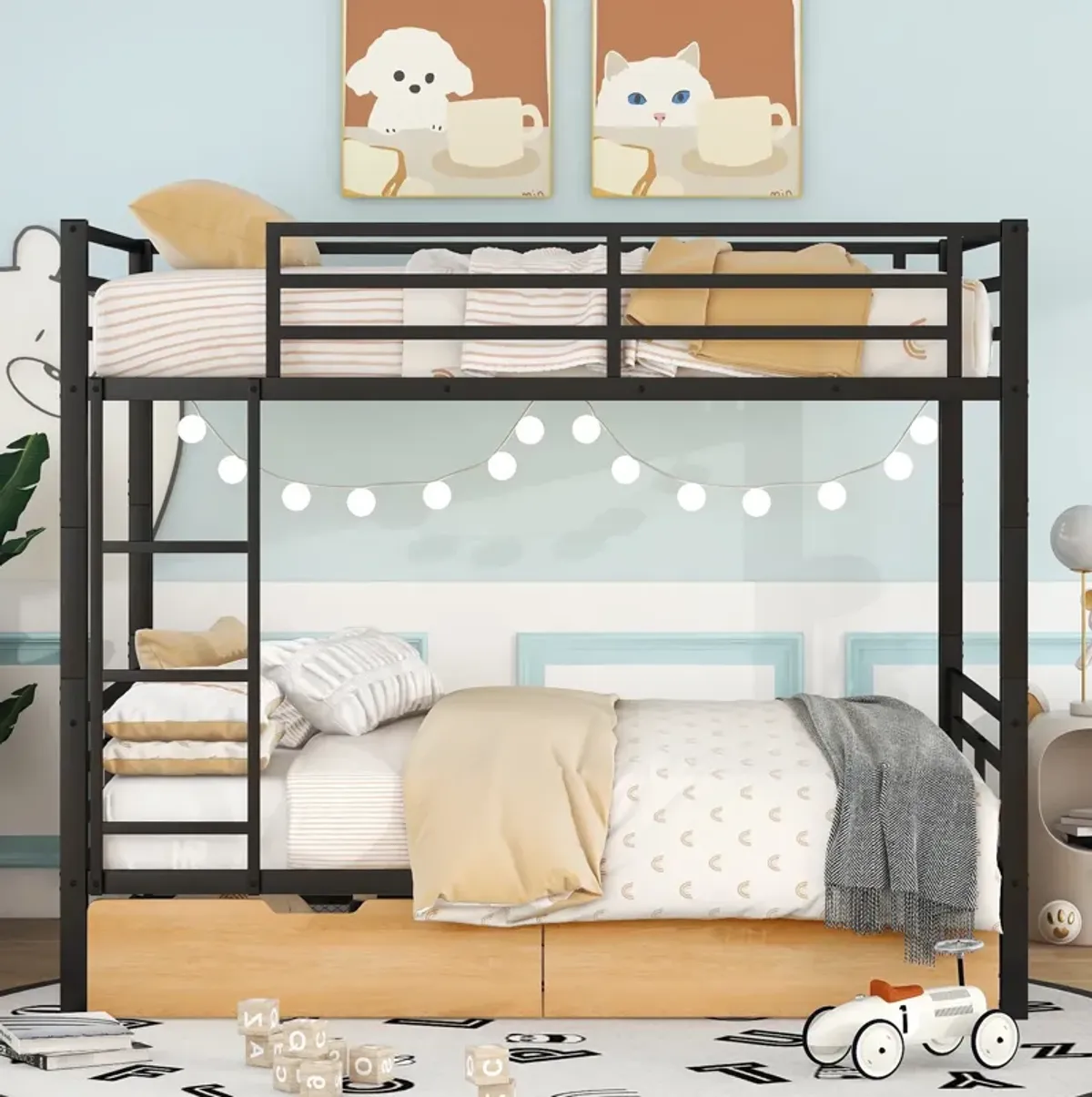 Whisen Metal Full Size Convertible Bunk Bed with 2 Drawers and Ladder - Black