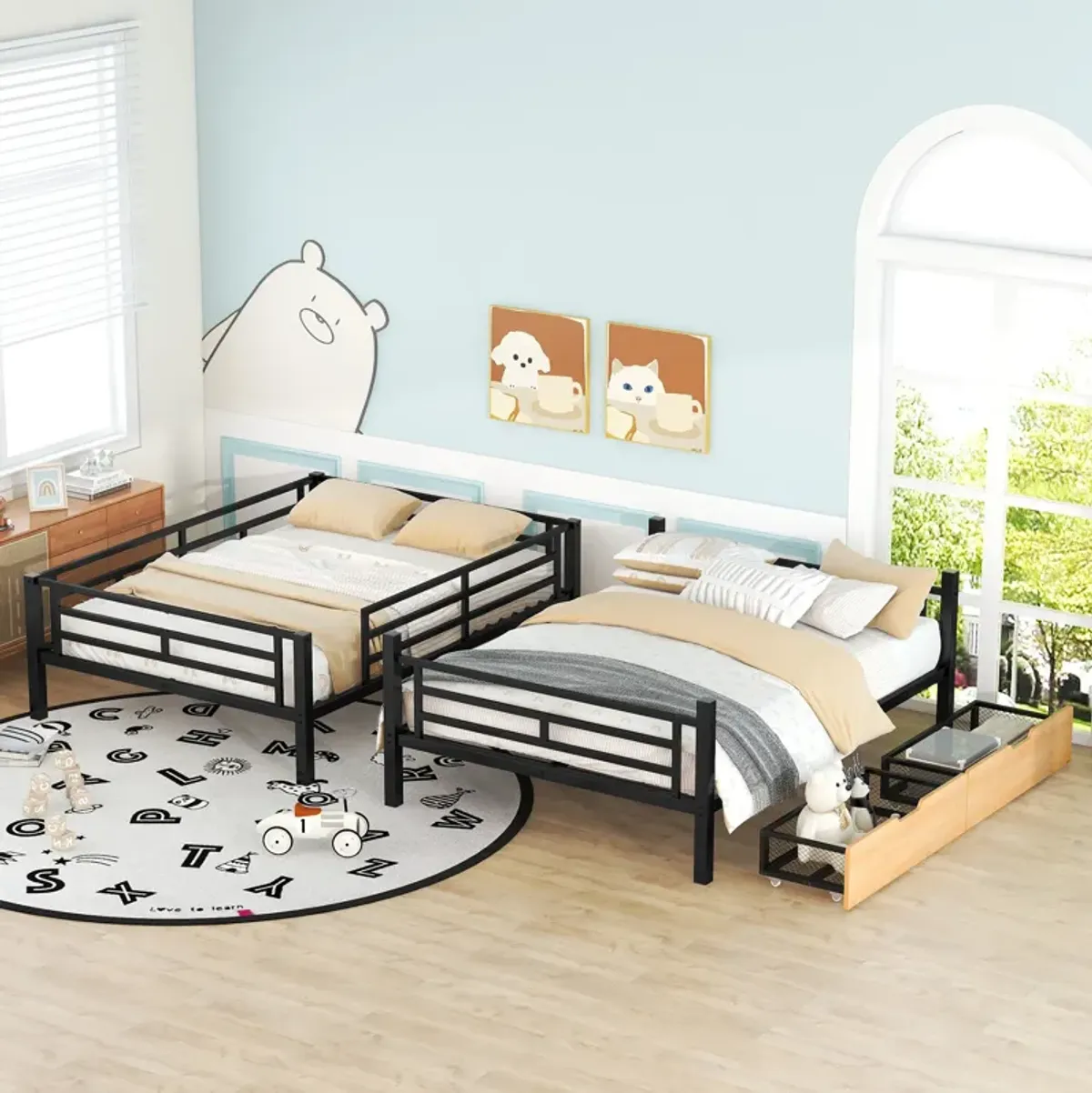 Whisen Metal Full Size Convertible Bunk Bed with 2 Drawers and Ladder - Black