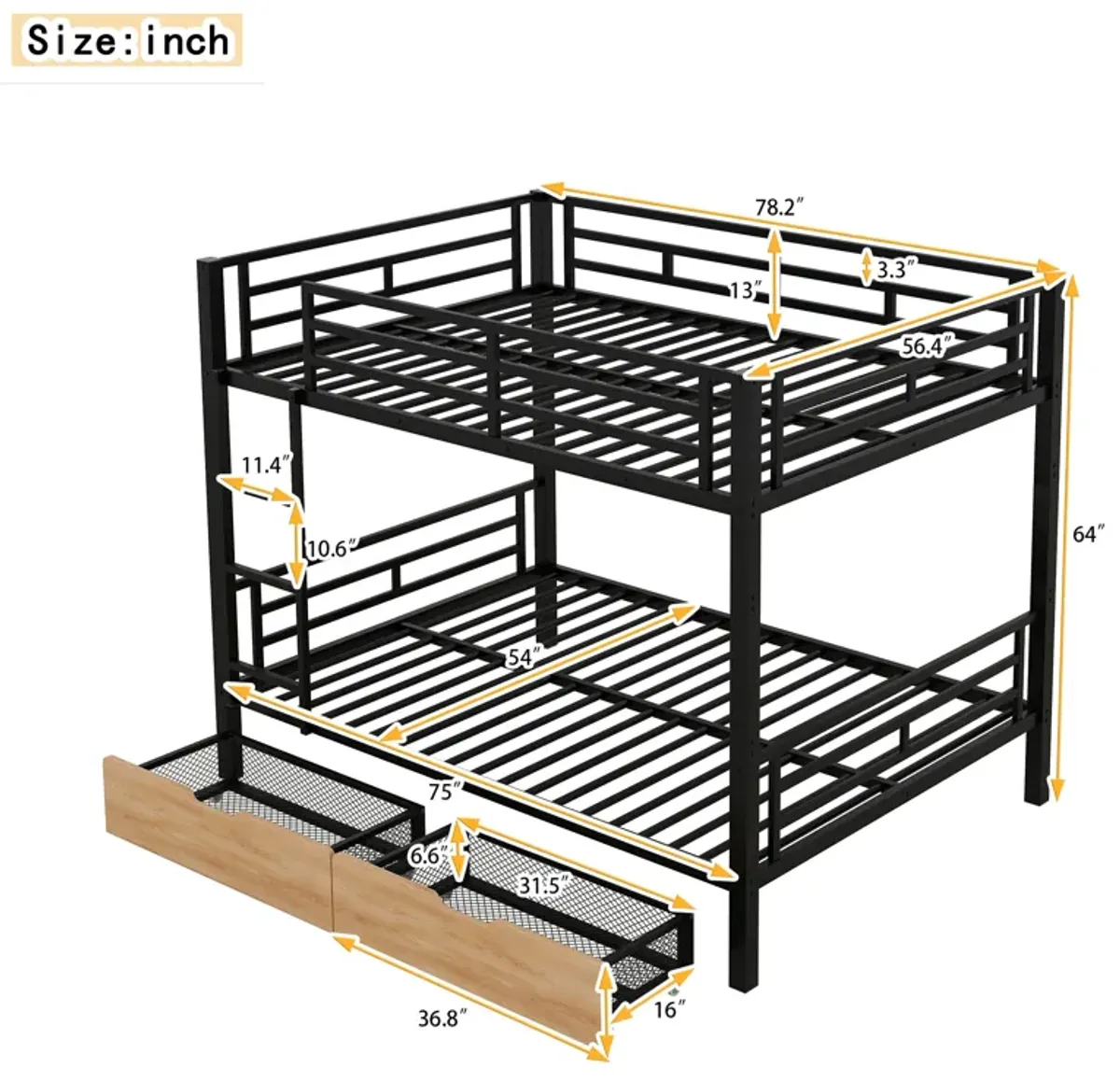 Whisen Metal Full Size Convertible Bunk Bed with 2 Drawers and Ladder - Black