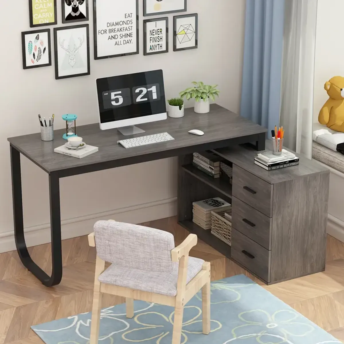 55.1 in. L-Shaped Gray Wood Writing Desk Corner Gaming Desk With 2-Tier Shelves and 3-Drawers Home Office Use