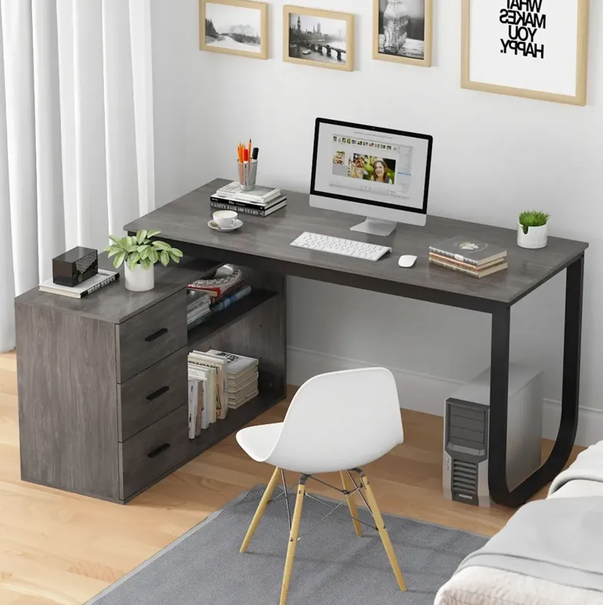 55.1 in. L-Shaped Gray Wood Writing Desk Corner Gaming Desk With 2-Tier Shelves and 3-Drawers Home Office Use