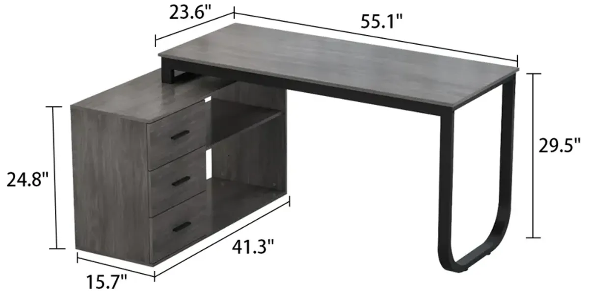 55.1 in. L-Shaped Gray Wood Writing Desk Corner Gaming Desk With 2-Tier Shelves and 3-Drawers Home Office Use