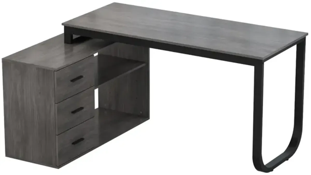 55.1 in. L-Shaped Gray Wood Writing Desk Corner Gaming Desk With 2-Tier Shelves and 3-Drawers Home Office Use