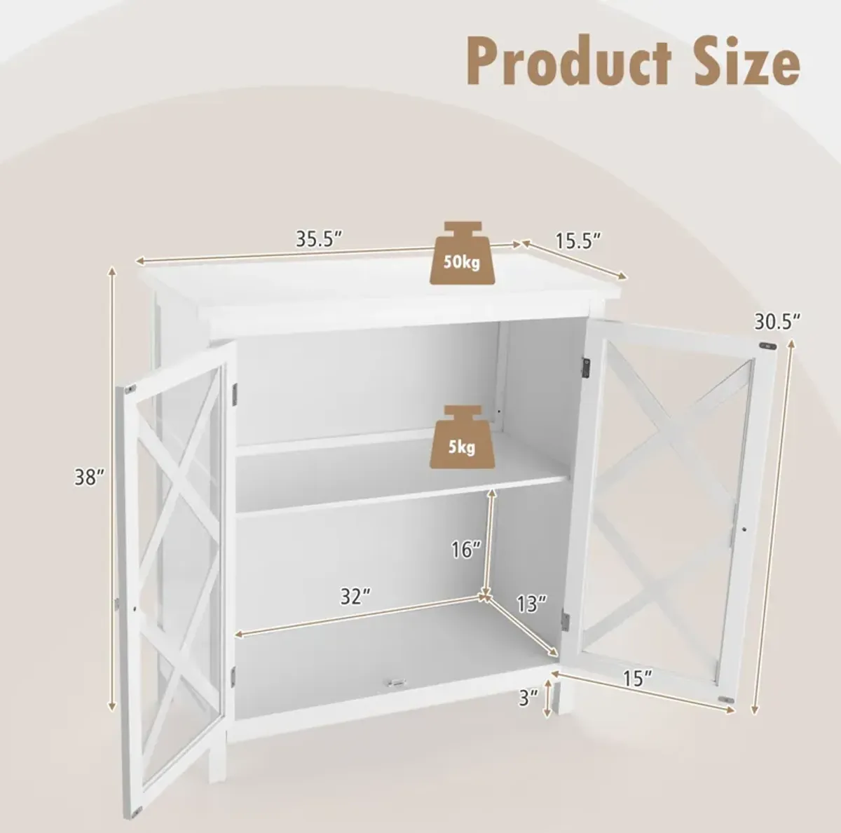 Freestanding Kitchen Buffet Cabinet with Glass Doors and Adjustable Shelf