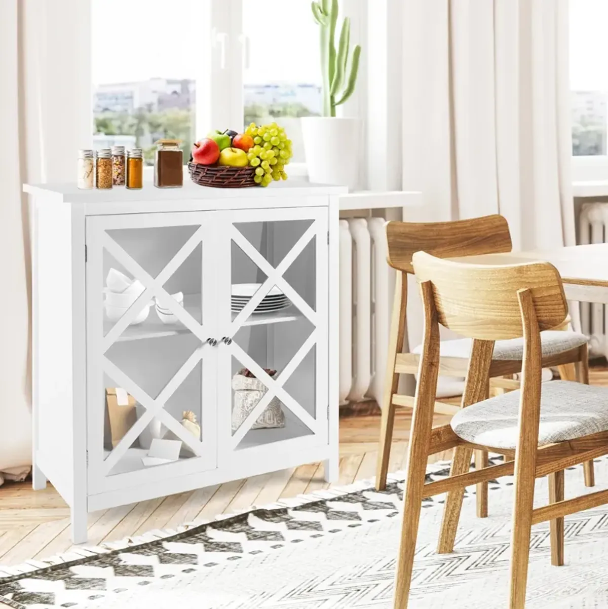 Freestanding Kitchen Buffet Cabinet with Glass Doors and Adjustable Shelf