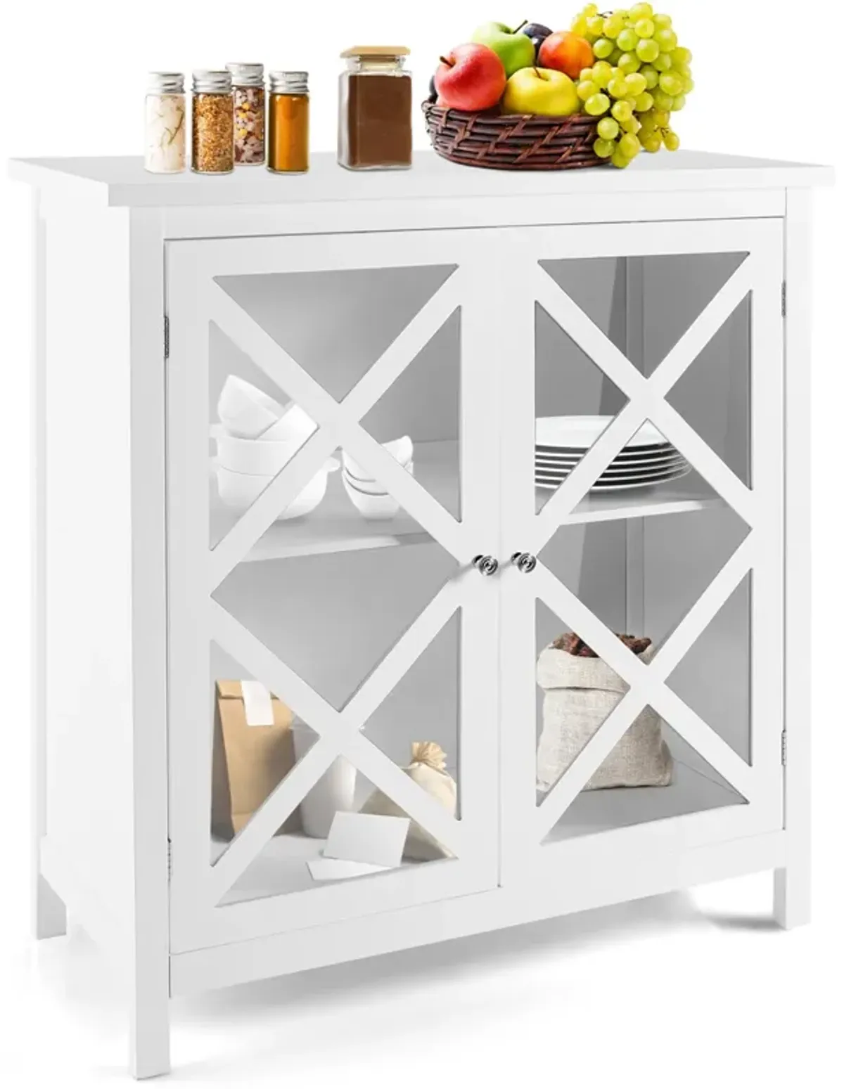 Freestanding Kitchen Buffet Cabinet with Glass Doors and Adjustable Shelf