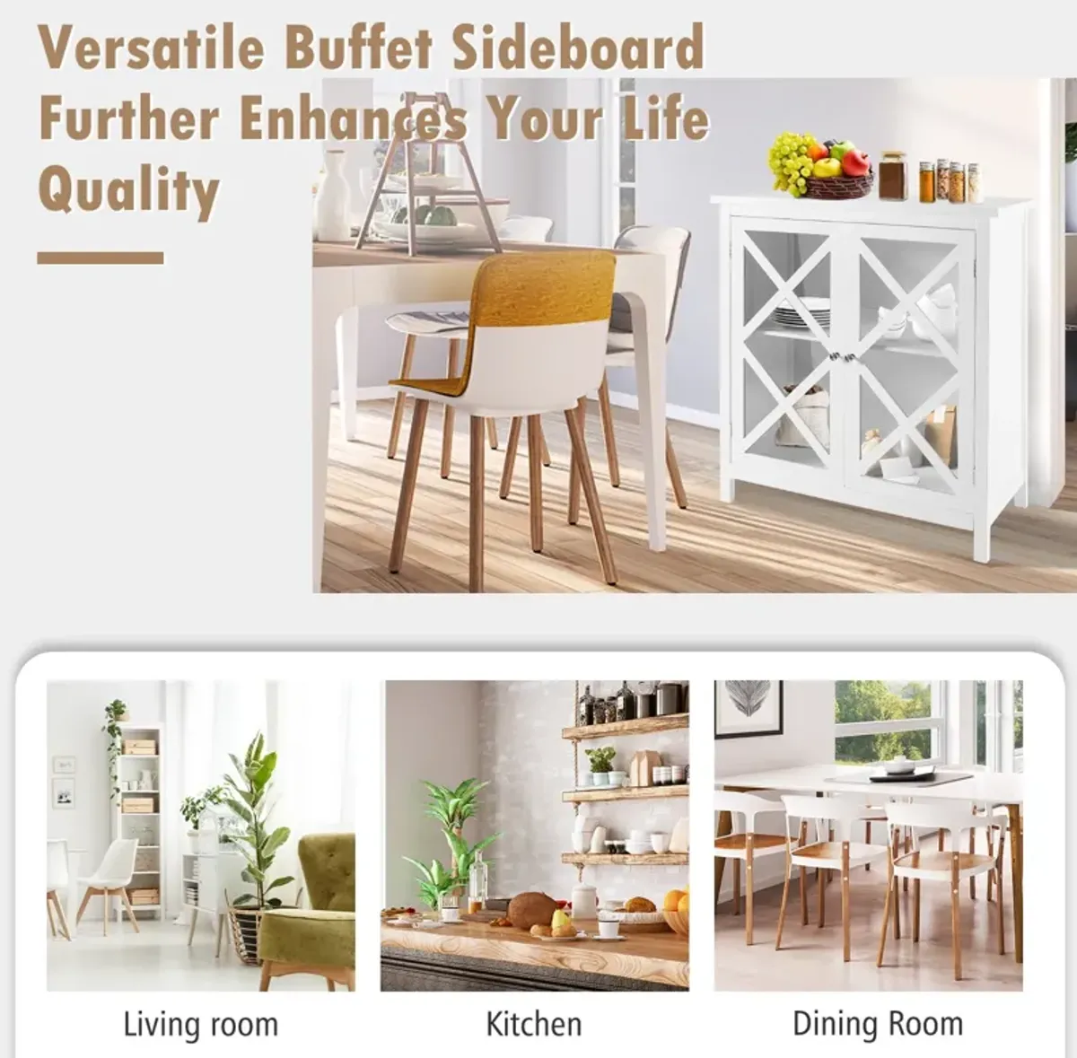 Freestanding Kitchen Buffet Cabinet with Glass Doors and Adjustable Shelf