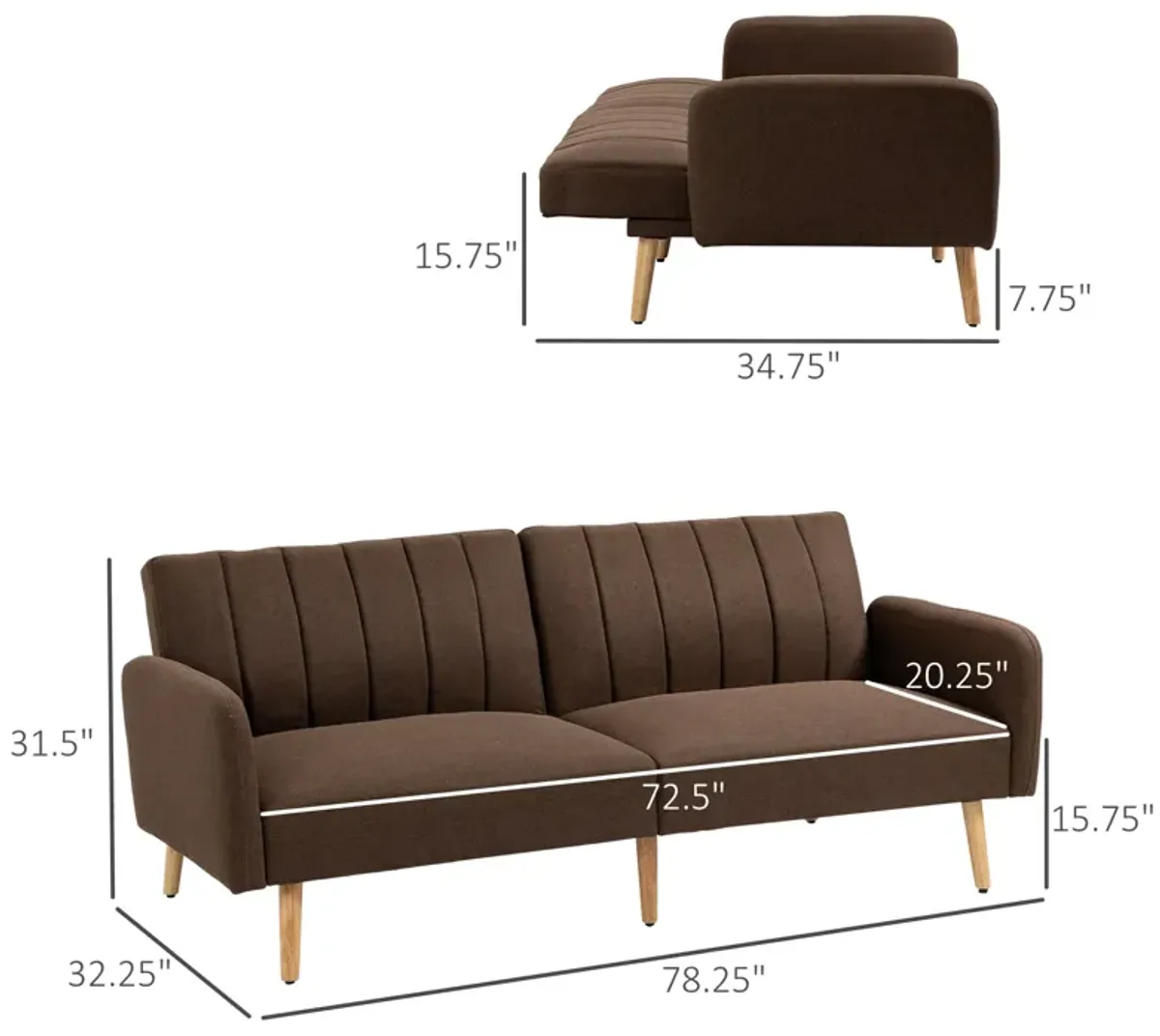 Brown Living Room Bed: 2-Seater Convertible Futon Sofa