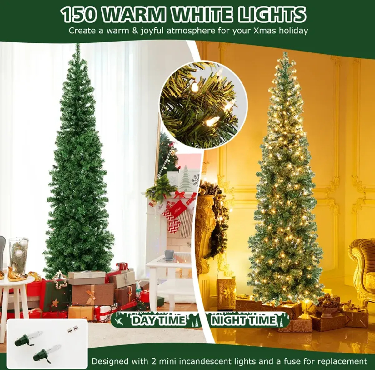 7 Feet Prelit Half-Shape Christmas Tree with 150 Lights