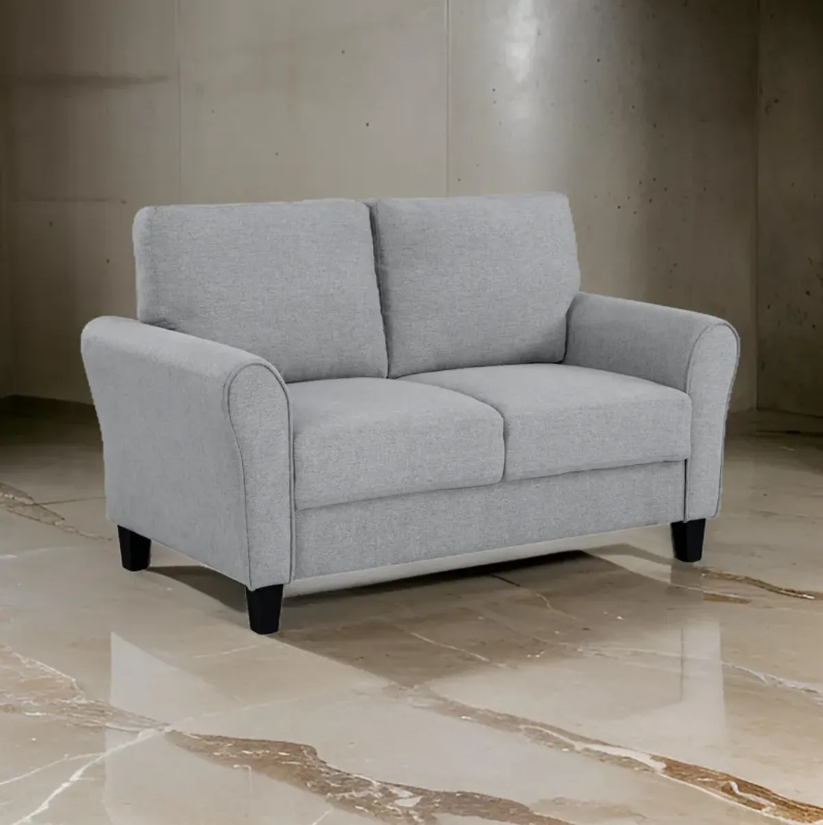 Engi 58 Inch Accent Loveseat, Smooth Gray Polyester, Attached Back Cushion - Benzara